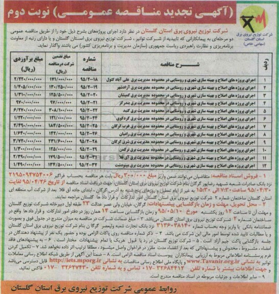 آگهی مناقصه عمومی , مناقصه اجرای پروژه های اصلاح و بهینه سازی شهری و روستایی در محدوده مدیریت برق..تجدید  - نوبت دوم