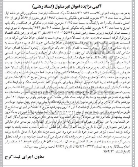 مزایده,مزایده ششدانگ اپارتمان مسکونی اسناد رهنی