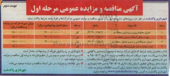آگهی مناقصه و مزایده عمومی,مناقصه اجرای مخلوط  ریزی و زیرسازی منطقه دو نوبت دوم