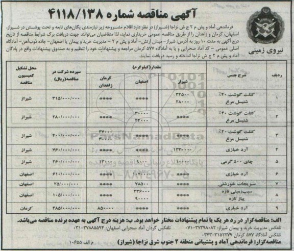 آگهی مناقصه , مناقصه خرید کتلت گوشت شنیسل مرغ ...