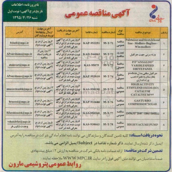 آگهی مناقصه عمومی , مناقصه Paletaizer and stretchhood line-mollers-bagline-win mollers....