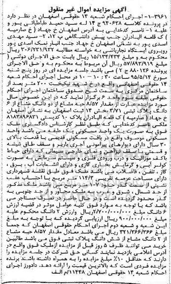 مزایده,مزایده مقدار 8.57 حبه مشاع از دو دانگ مشاع از ششدانگ پلاک ثبتی