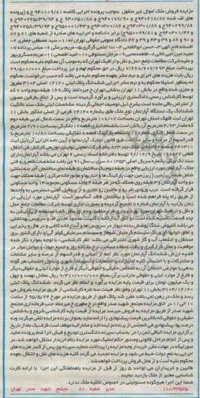 مزایده,مزایده ششدانگ اپارتمان بخش 11 تهران ثبت قلهک