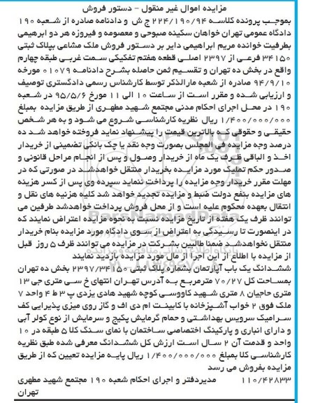 مزایده,مزایده ششدانگ اپارتمان مساحت کل 70.28متر