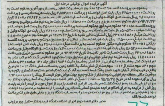مزایده,مزایده مقدار سهم 840 سهم مشاع از 1012 سهم مشاع از زمین