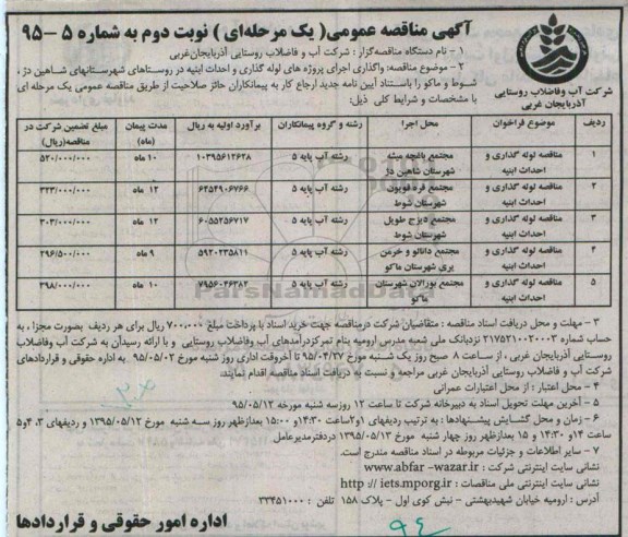 مناقصه ,  مناقصه لوله گذاری و احداث ابنیه .... نوبت دوم 