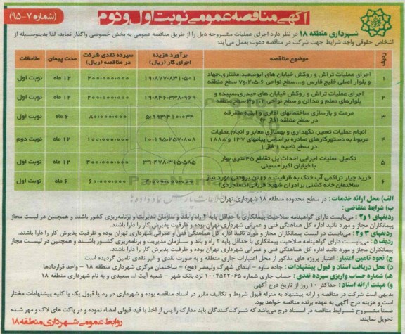 آگهی مناقصه عمومی,مناقصه  جرای عملیات تراش و روکش خیابانها نوبت اول و دوم
