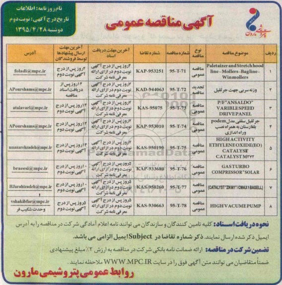 آگهی مناقصه عمومی , مناقصه Paletaizer and stretchhood line-mollers-bagline-win mollers.... -نوبت دوم