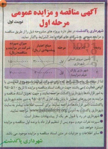 آگهی مناقصه و مزایده عمومی, مناقصه تامین نیروی انسانی شهرداری