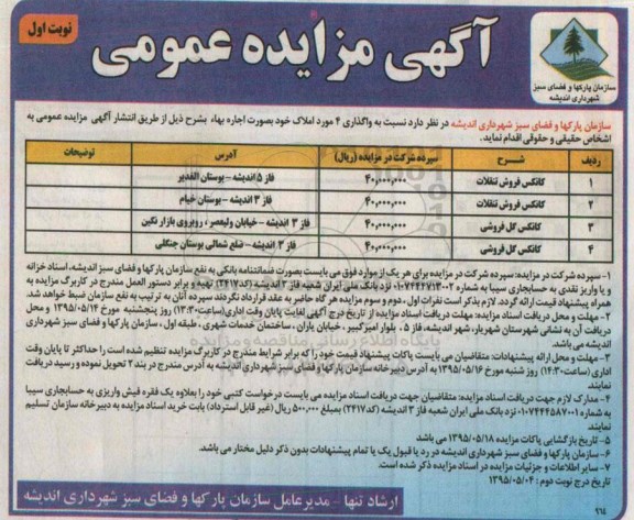 آگهی مزایده عمومی , مزایده واگذاری اجاره 4 مورد املاک