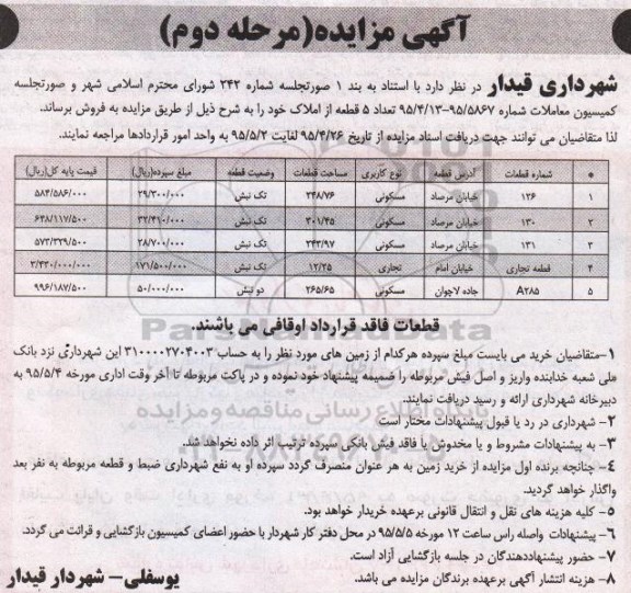 مزایده,مزایده تعداد 5 قطعه از املاک نوبت دوم