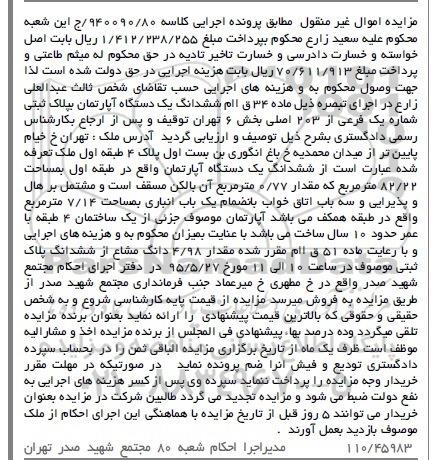 مزایده,مزایده ششدانگ اپارتمان طبقه اول مساحت82.22متر