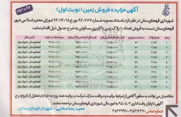 مزایده,مزایده فروش تعداد ده پلاک زمین کاربری مسکونی نوبت دوم