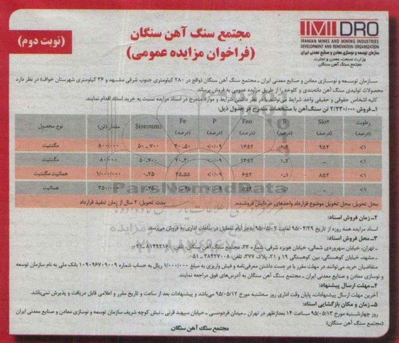 فراخوان مزایده عمومی,مزایده فروش 2.230.000 تن سنگ آهن- نوبت دوم 