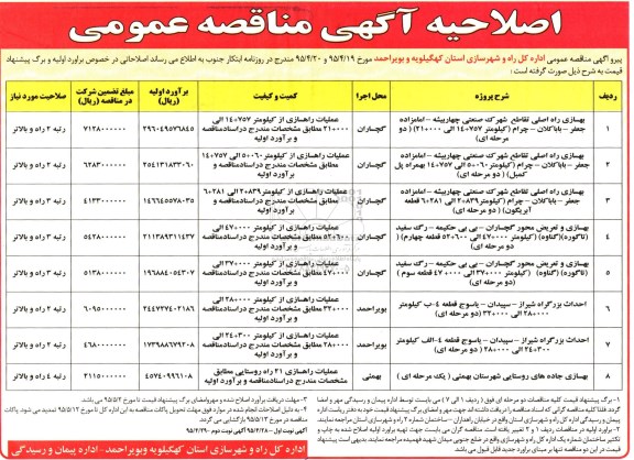 اصلاحیه آگهی مناقصه عمومی , مناقصه بهسازی راه اصلی تقاطع شهرک صنعتی چهاربیشه ... اصلاحیه نوبت دوم