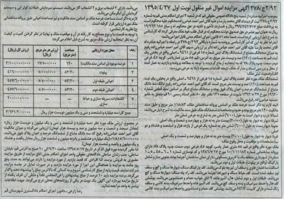 مزایده,مزایده سه دانگ مشاع از ششدانگ پلاک ثبتی نوبت اول