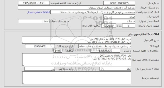 استعلام, استعلام  خرید کابل SWR3*70 
