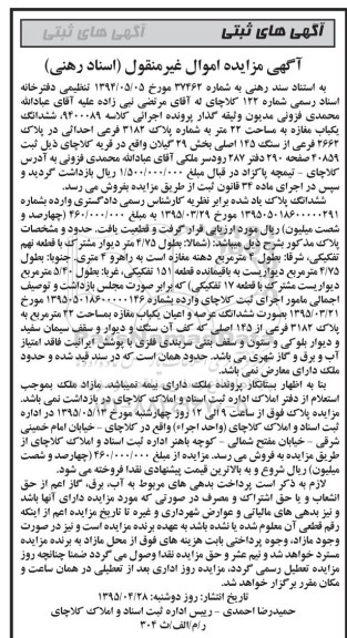 مزایده,مزایده ششدانگ یکباب مغازه به مساحت 22 متر  کلاسه 9400089 