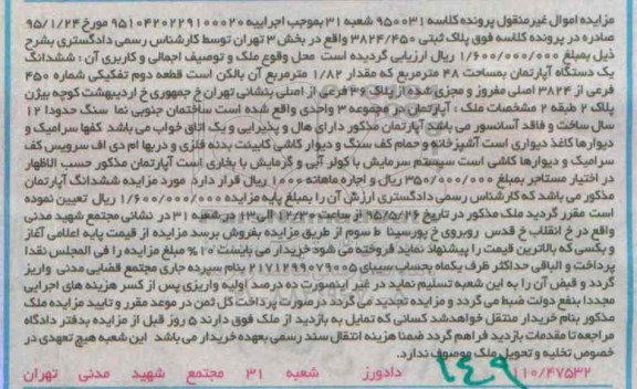 مزایده,مزایده ششدانگ اپارتمان مساحت چهل و هشت متر