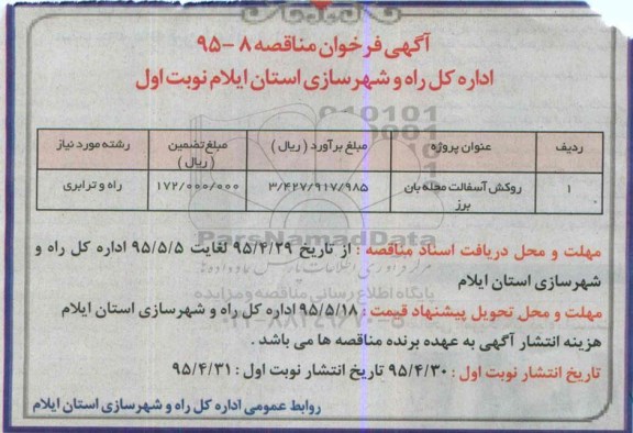 فراخوان مناقصه , فراخوان مناقصه روکش آسفالت محله بان برز