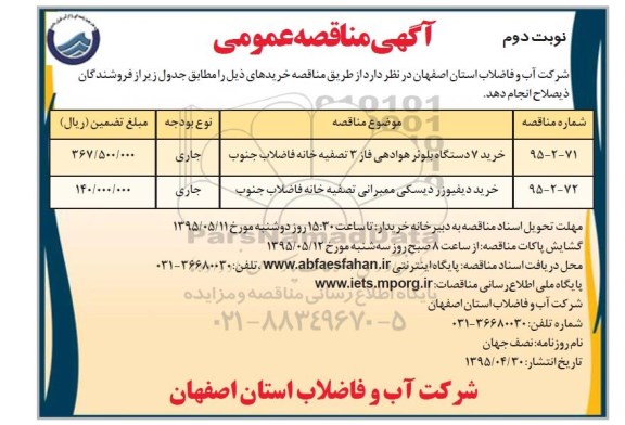 آگهی مناقصه عمومی , مناقصه خرید 7 دستگاه بلوئر هوادهی فاز 3  نوبت دوم