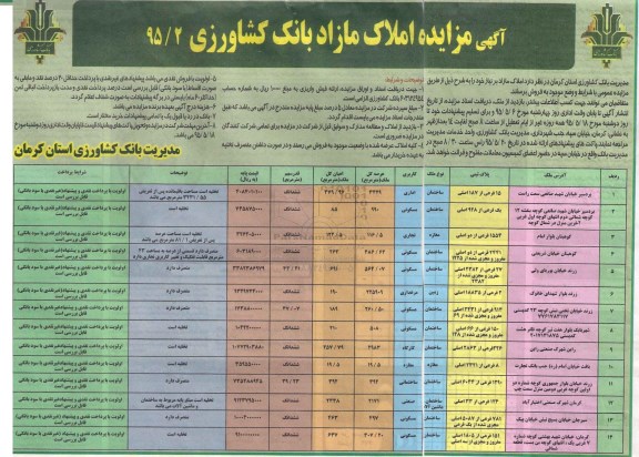 مزایده,مزایده فروش املاک مازاد بر نیاز 95.4.30