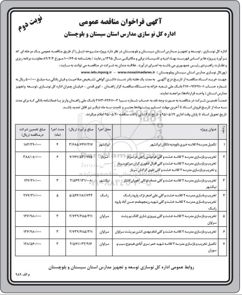 فراخوان مناقصه عمومی , فراخوان مناقصه تکمیل مدرسه و ... - نوبت دوم