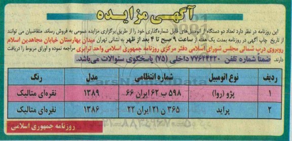 مزایده تعداد دو دستگاه اتومبیل های قابل شماره گذاری