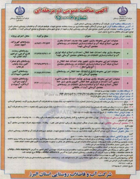 مناقصه , مناقصه عملیات اجرایی تکمیل مجتمع های آبرسانی