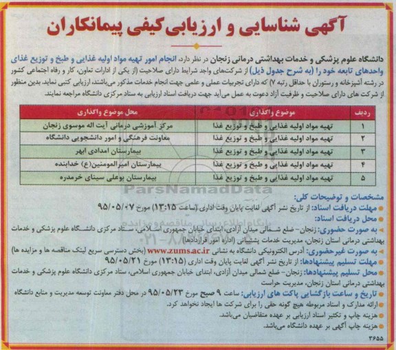 آگهی شناسایی و ارزیابی کیفی پیمانکاران , مناقصه تهیه مواد اولیه غذایی و طبخ و توزیع غذا
