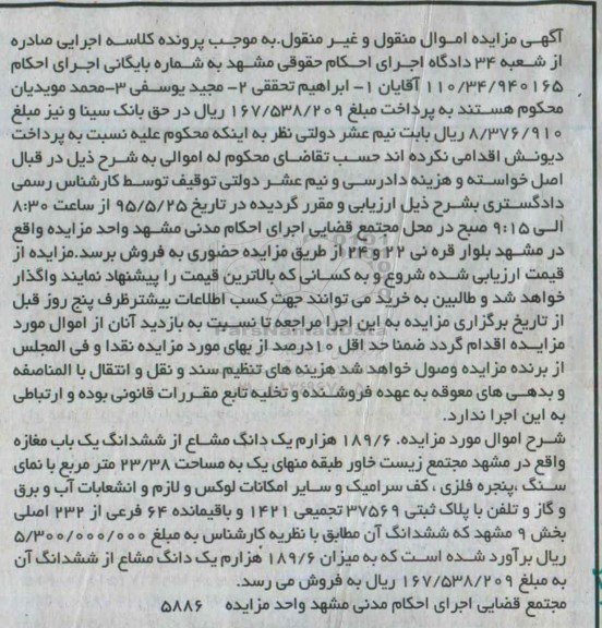 مزایده,مزایده 189.6 هزارم یک دانگ مشاع از ششدانگ مغازه