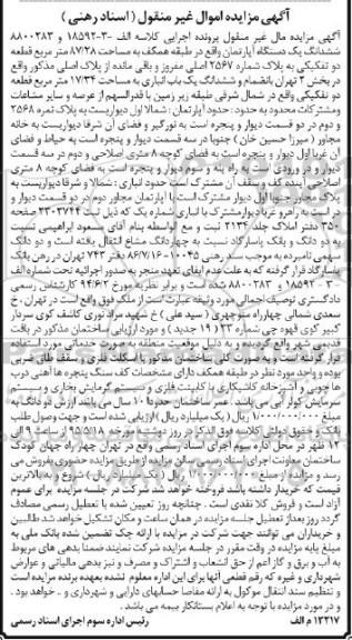مزایده,مزایده اپارتمان کلاسه الف-3-18592و8800283 قطعه دوم