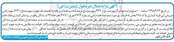 مزایده,مزایده تعداد 4 سهم مشاع از 464 سهم مشاع عرصه باغات و نخیلات