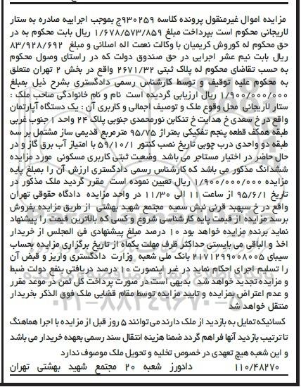 مزایده,مزایده یک دستگاه اپارتمان 95.75متر قدیمی ساز