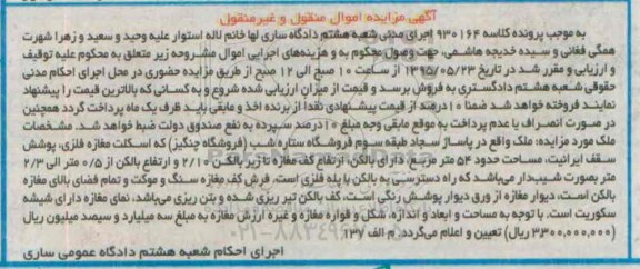 مزایده,مزایده ملک مساحت 54متر دارای بالکن
