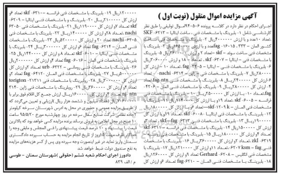 مزایده , مزایده انواع بلبرینگ و رولبرینگ نوبت اول
