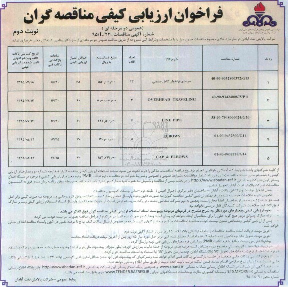 فراخوان ارزیابی کیفی مناقصه گران (عمومی دو مرحله ای) , فراخوان سیستم فراخوان کامل صنعتی... نوبت دوم 