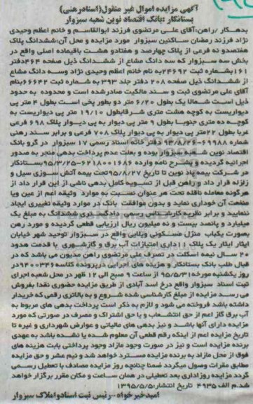 مزایده,مزایده ششدانگ پلاک بخش سه سبزوار منزل مسکونی