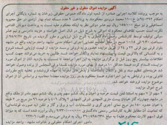 مزایده,مزایده دو سهم از هفت سهم به استثنا ثمن عرصه و اعیان