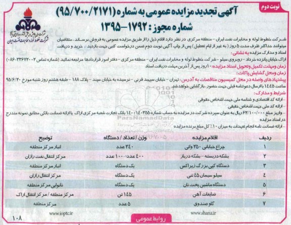آگهی تجدید  مزایده عمومی,مزایده چراغ خیابانی 250 واتی... نوبت دوم 