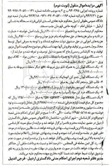 آگهی مزایده اموال منقول, مزایده دستگاه ورق ساز تک لایه و ...