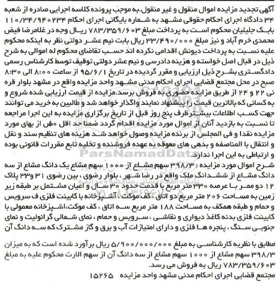 مزایده,مزایده 398.3 سهم مشاع از 1000 سهم مشاع یک دانگ مشاع