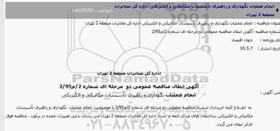 ابطال مناقصه, مناقصه انجام عملیات نگهداری و راهبری تأسیسات الکتریکی و مکانیکی ساختمان ستادی -ابطال