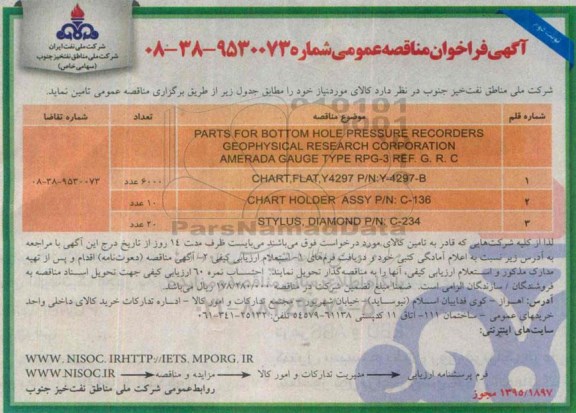 فراخوان مناقصه , فراخوان مناقصه PARTS FOR BOTTOM HOLE PRESSURE RECORDERS ... نوبت دوم