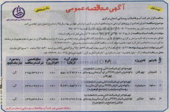 آگهی مناقصه عمومی, مناقصه اجرای تعدادی از پروژه های آبرسانی به روستاهای استان مرکزی