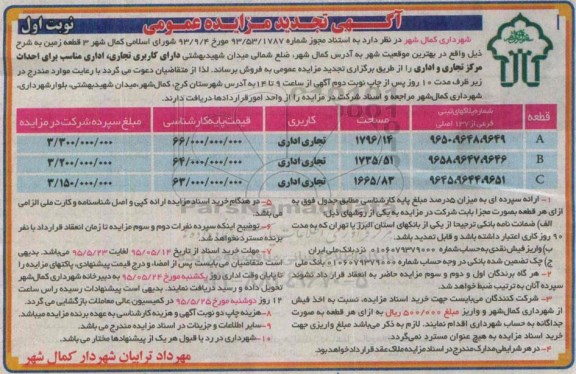 مزایده,مزایده سه قطعه زمین کاربری تجاری اداری