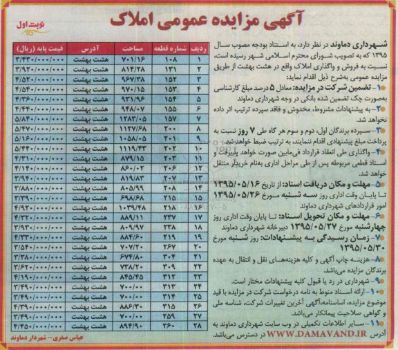 مزایده,مزایده فروش و واگذاری املاک واقع در هشت بهشت 