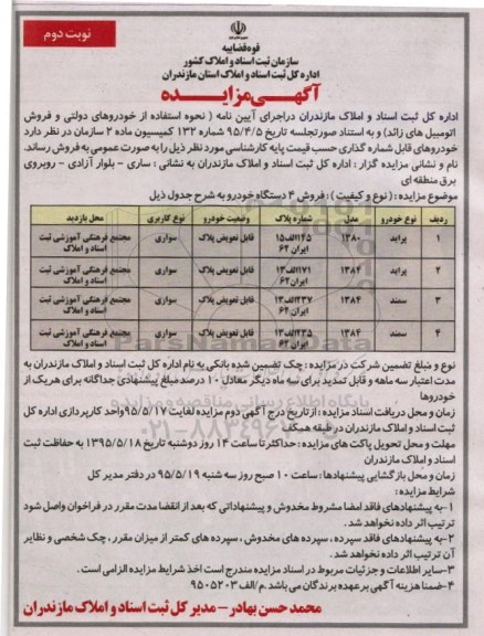 مزایده فروش 4 دستگاه خودرو - نوبت دوم