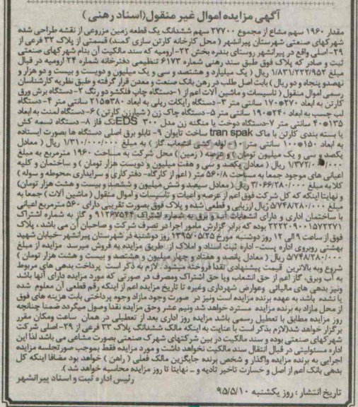 آگهی مزایده اموال غیرمنقول, مزایده مقدار 1960 سهم مشاع و تاسیسات و ماشین آلات 