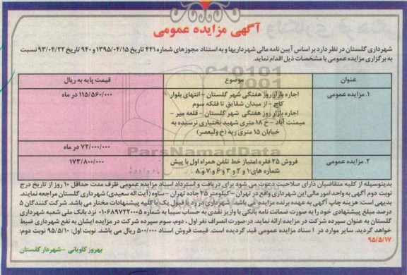 آگهی مزایده عمومی ، مزایده اجاره بازار روز هفتگی شهر گلستان...